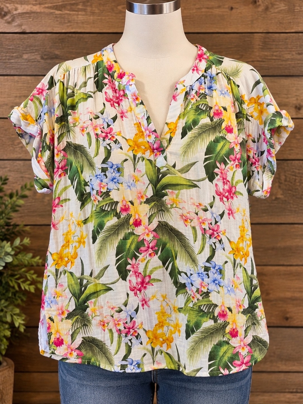 Tommy Bahama White Tropical Floral Split-Neck Blouse